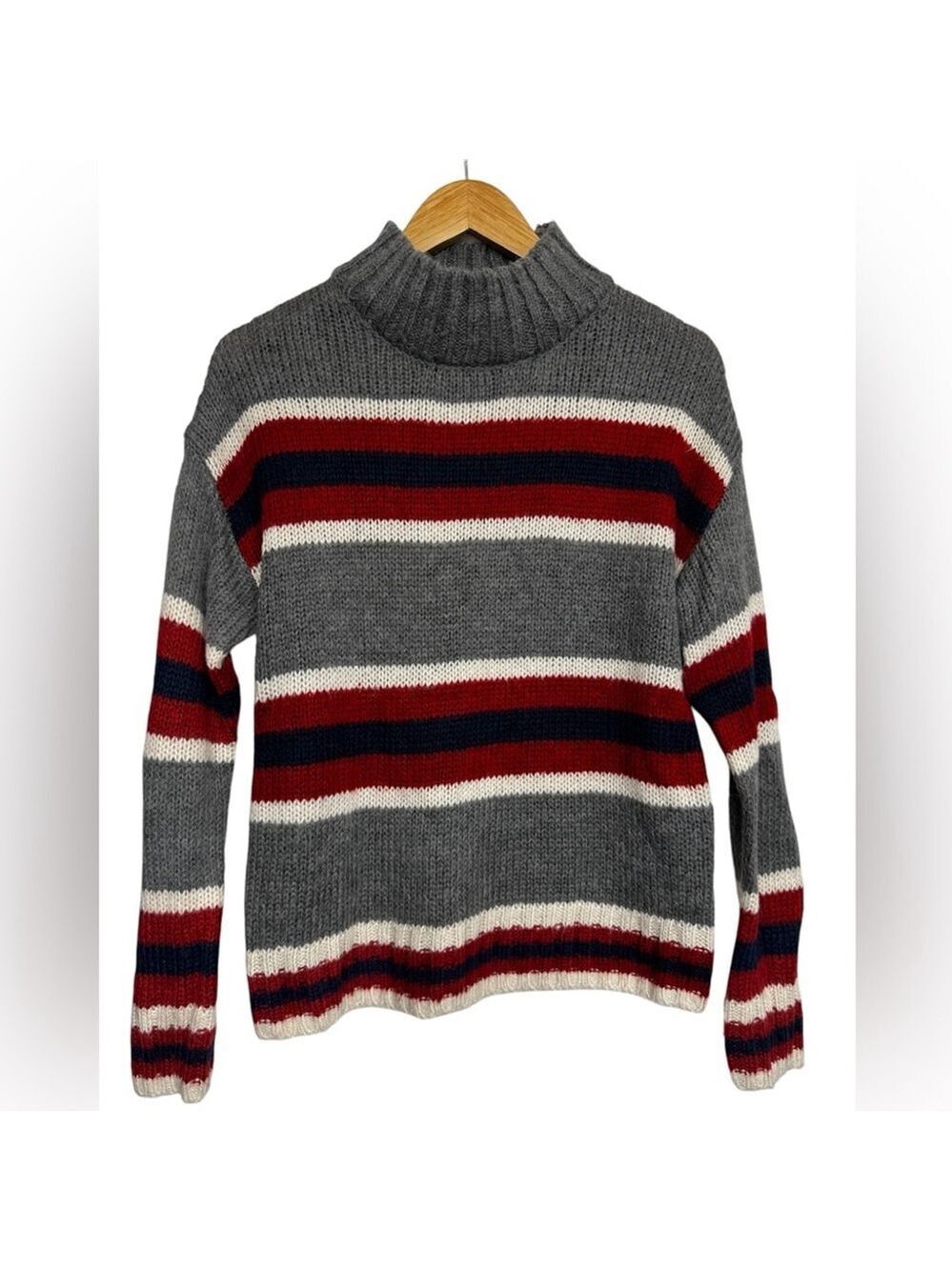 Kismet Striped Knit Mock Neck Sweater - Medium Red Grey Navy White Cozy
